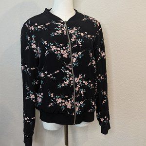 Lila Rose Floral Cherry Blossom Black Bomber Jacket Zip Up Front Pockets Size L